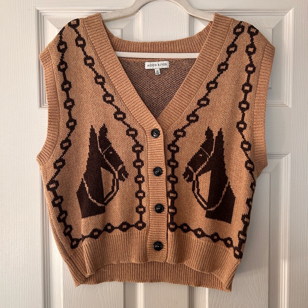 Moon River Tan and Brown V-Neck Sweater Vest medium M like new horse 🐴
